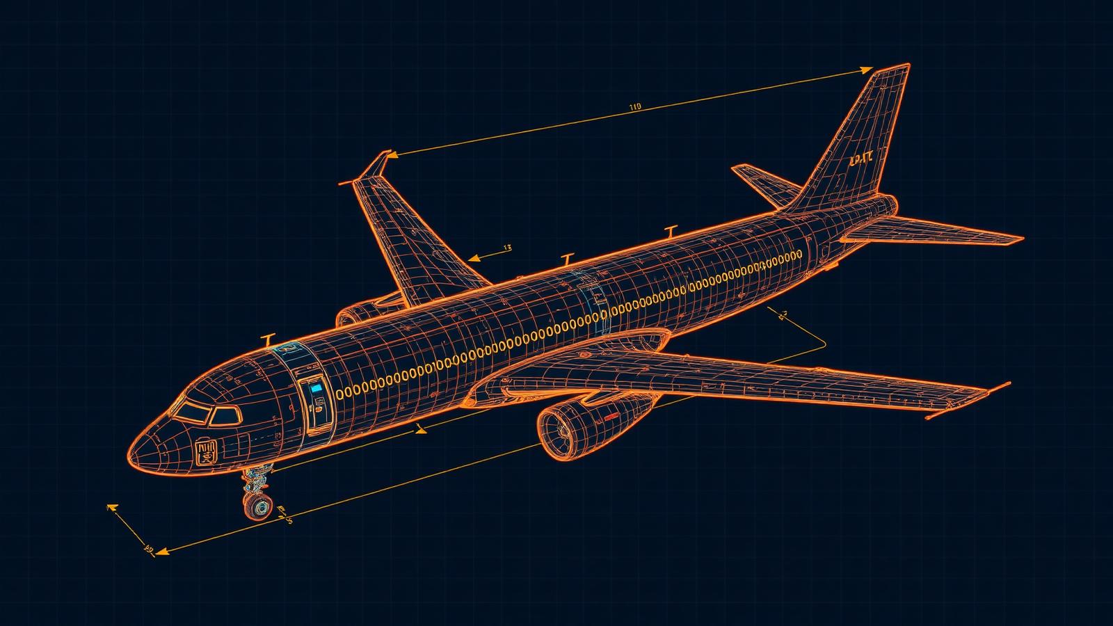 Wireframe técnico de avião comercial com cotas de medidas